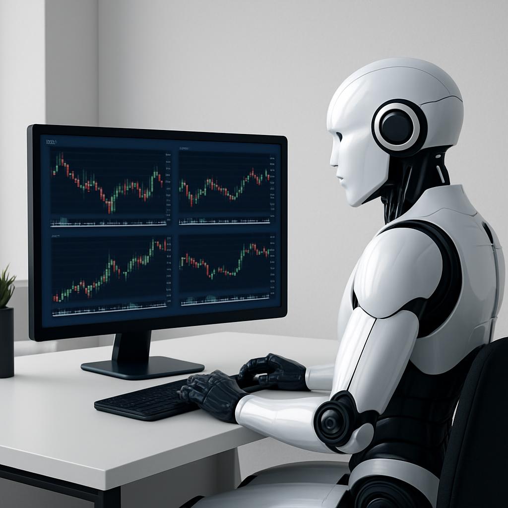 [Outlined in black and white, a humanoid robot sits attentively at an office desk with a sleek computer monitor and keyboa...